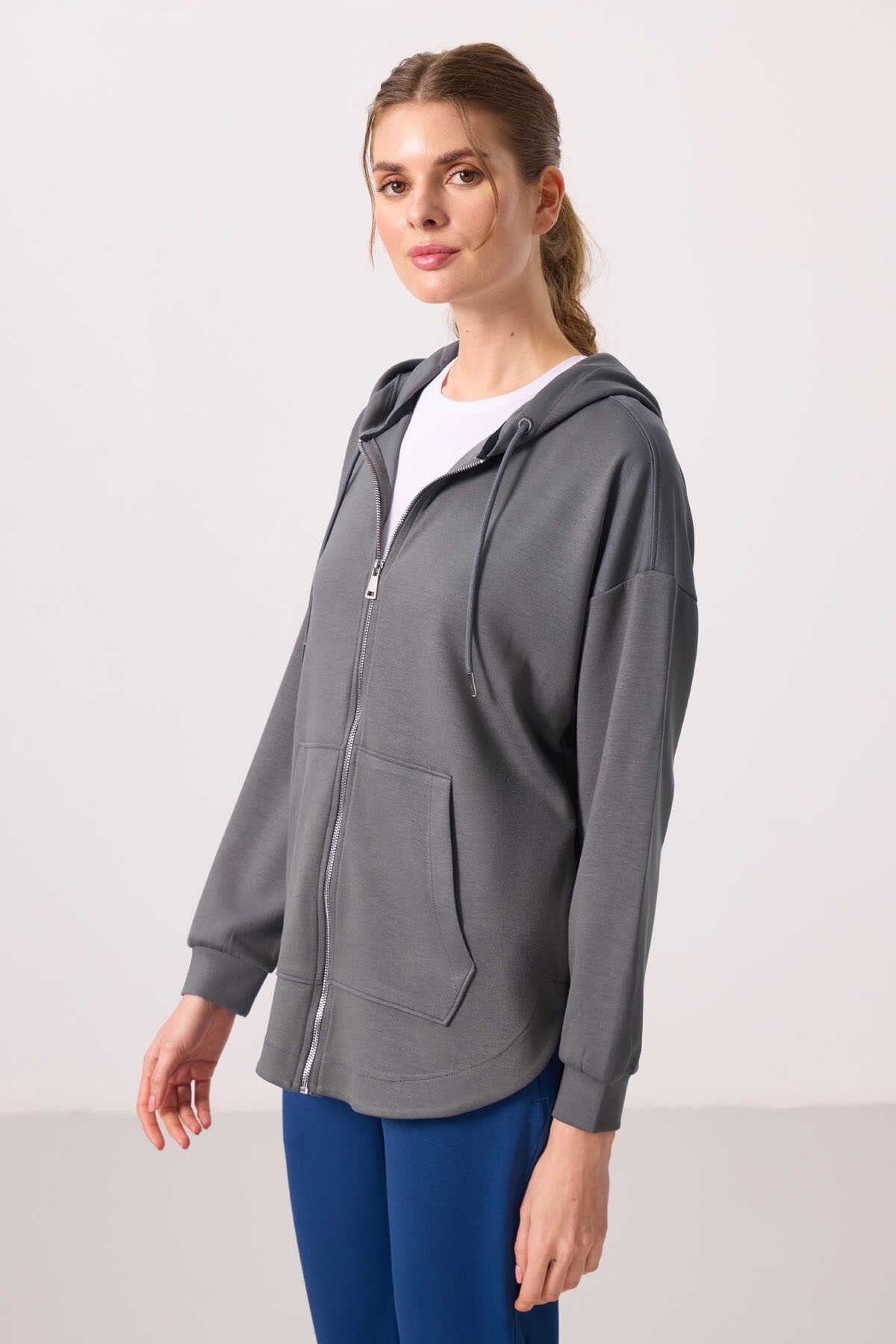 Tommylife Toptan Pufos Texturat Gluga Oversize Femeie Tunica Sweatshirt - 97302 Gri Inchis