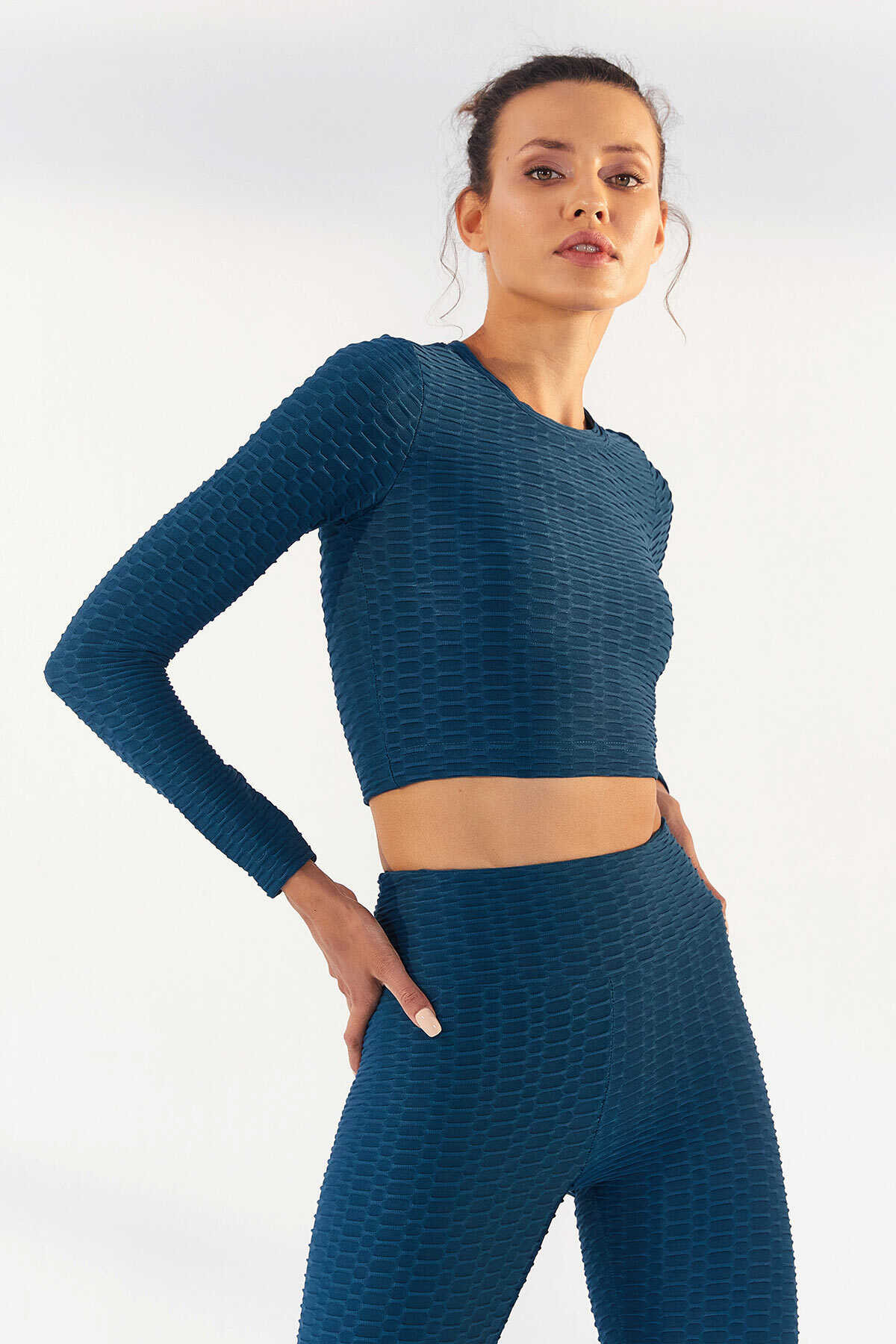 Tommylife Toptan Zümrüt Kendinden Desenli O Yaka Uzun Kol Kadın Crop Top T-Shirt - 97153