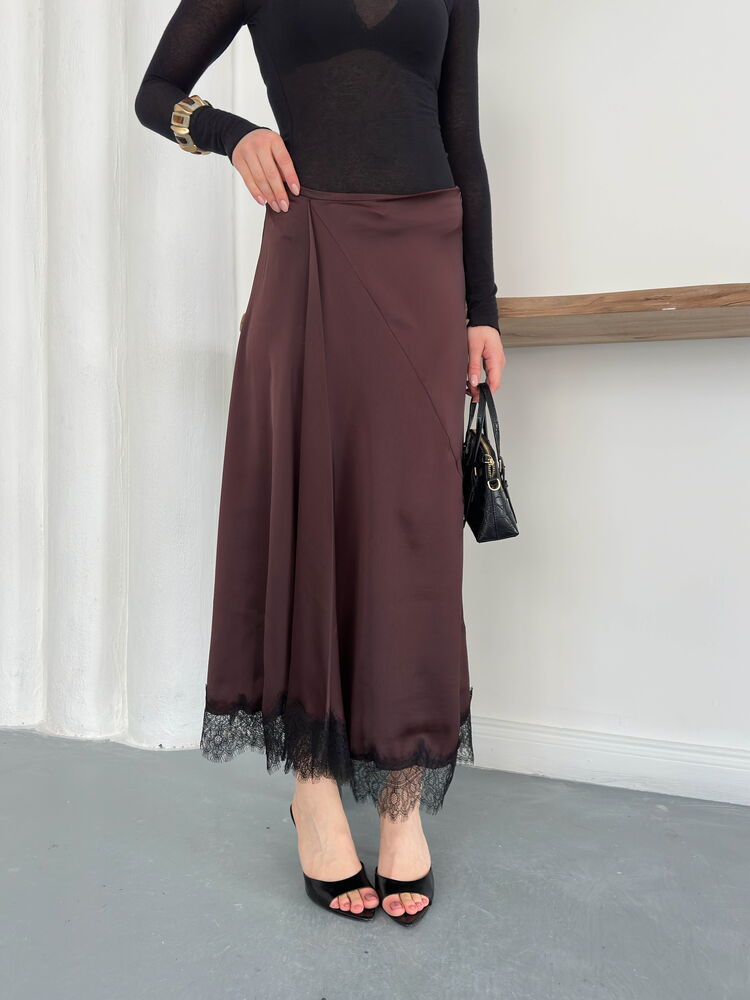 Topshow | Lace Detail Satin Skirt - Coffee | D2930