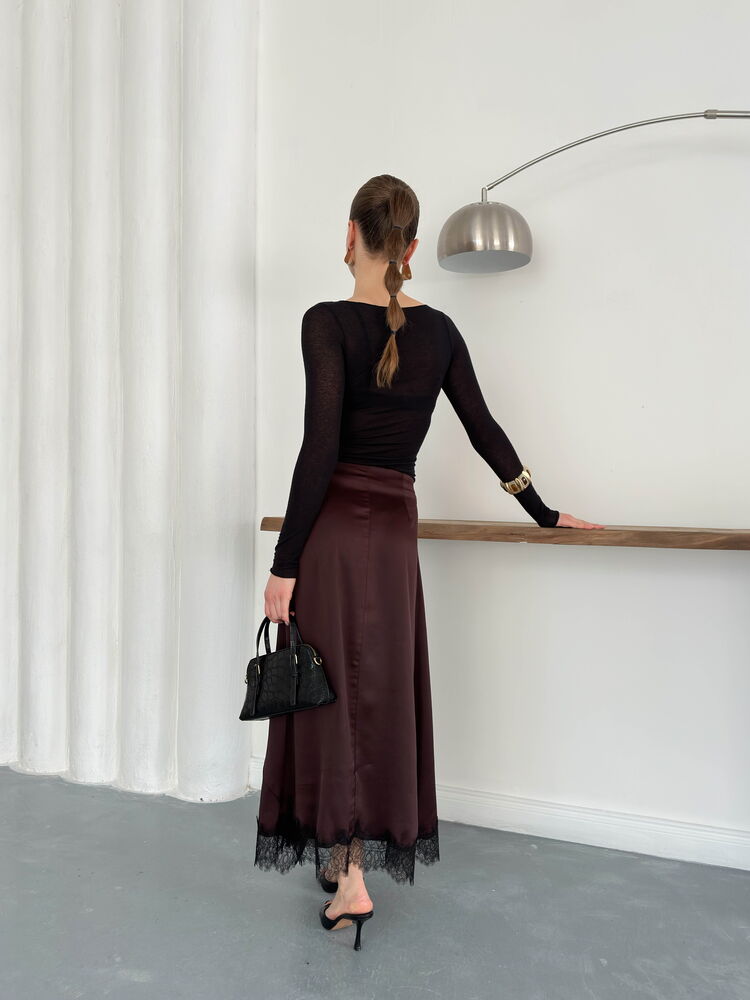 Topshow | Lace Detail Satin Skirt - Coffee | D2930