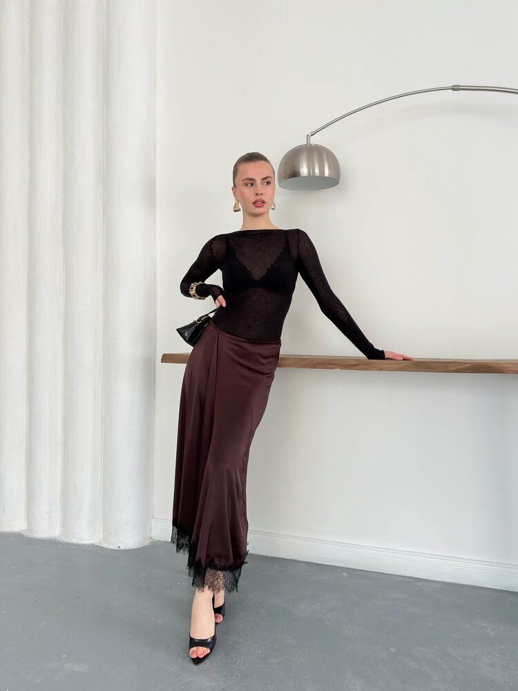 Topshow | Lace Detail Satin Skirt - Coffee | D2930