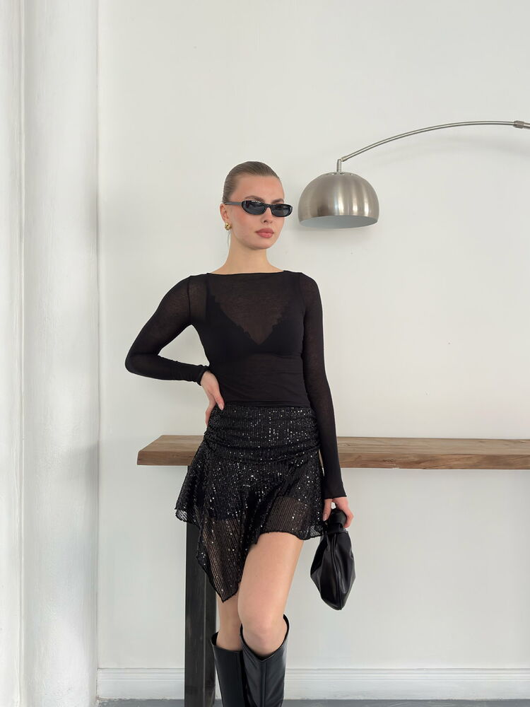 Topshow | Sequin Asymmetrical Skirt - Black | D2932