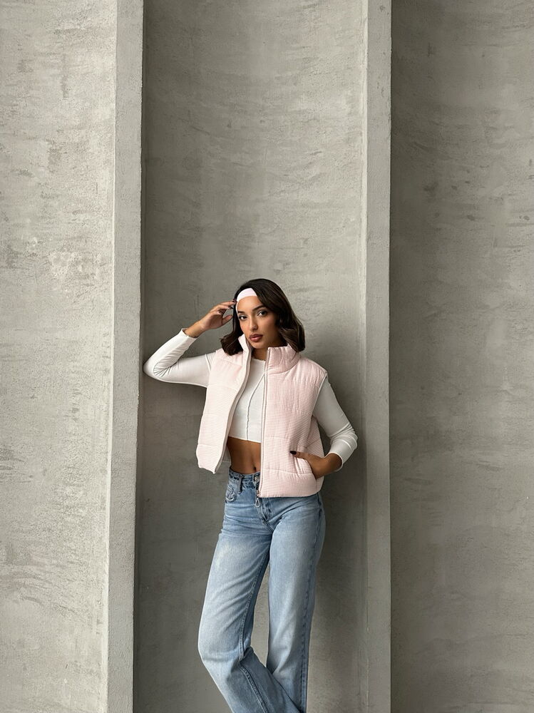 Gingham Pattern Fiber-Filled Puffer Vest - Light Pink