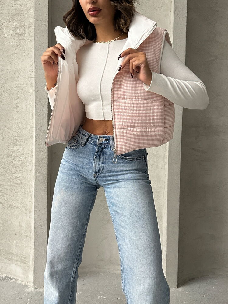 Gingham Pattern Fiber-Filled Puffer Vest - Light Pink