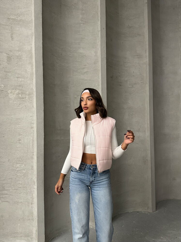 Gingham Pattern Fiber-Filled Puffer Vest - Light Pink
