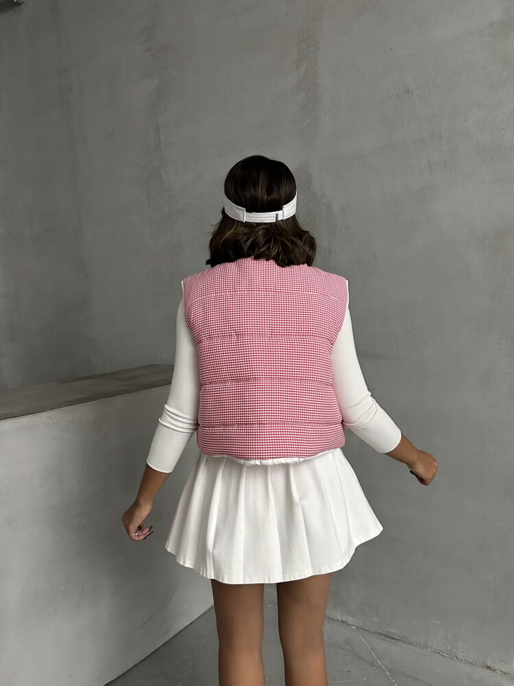 Vestă gonflabilă en-gros cu model Gingham, umplută cu fibre - Fuchsia