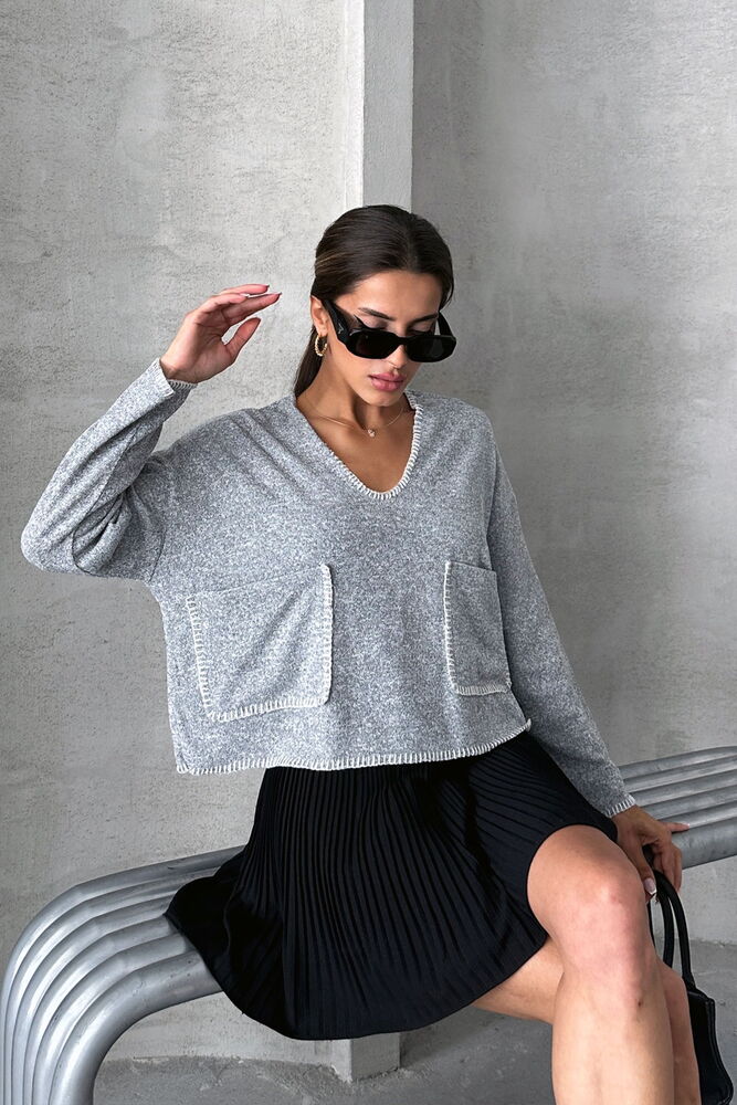 Shepherd Stitch Knit Wholesale Blouse - Grey