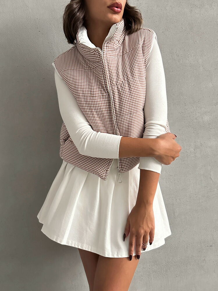 Vestă gonflabilă cu model Gingham, umplută cu fibre, en-gros - Cafea