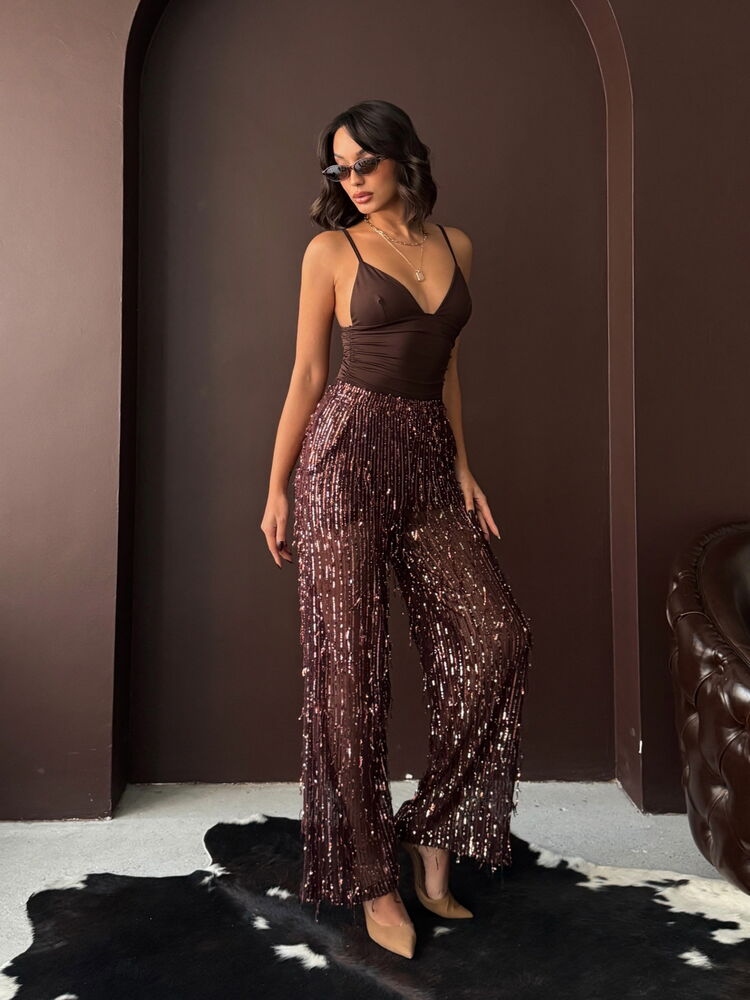 Pantaloni en-gros din tul cu paiete Topshow Coffee