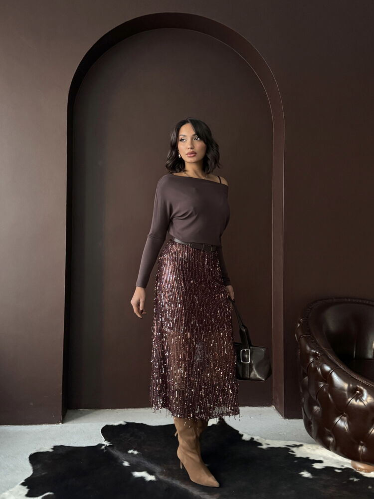 Topshow Coffee Feather Sequin Wholesale Skirt