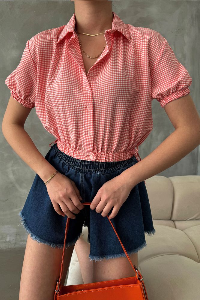 Cămăși en-gros cu talie elastică în carouri portocalii Topshow