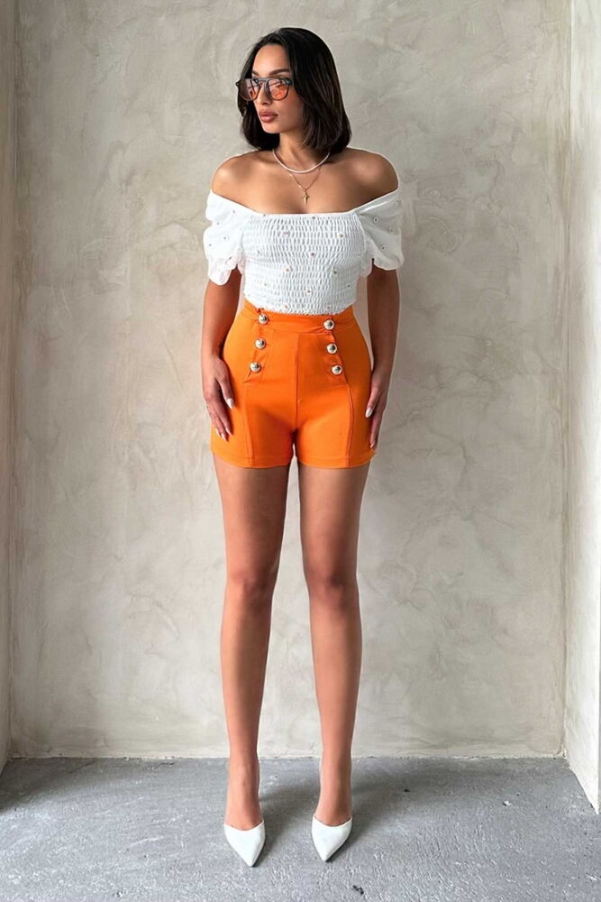 Pantaloni scurți Topshow cu nasturi decorativi portocalii, en-gros