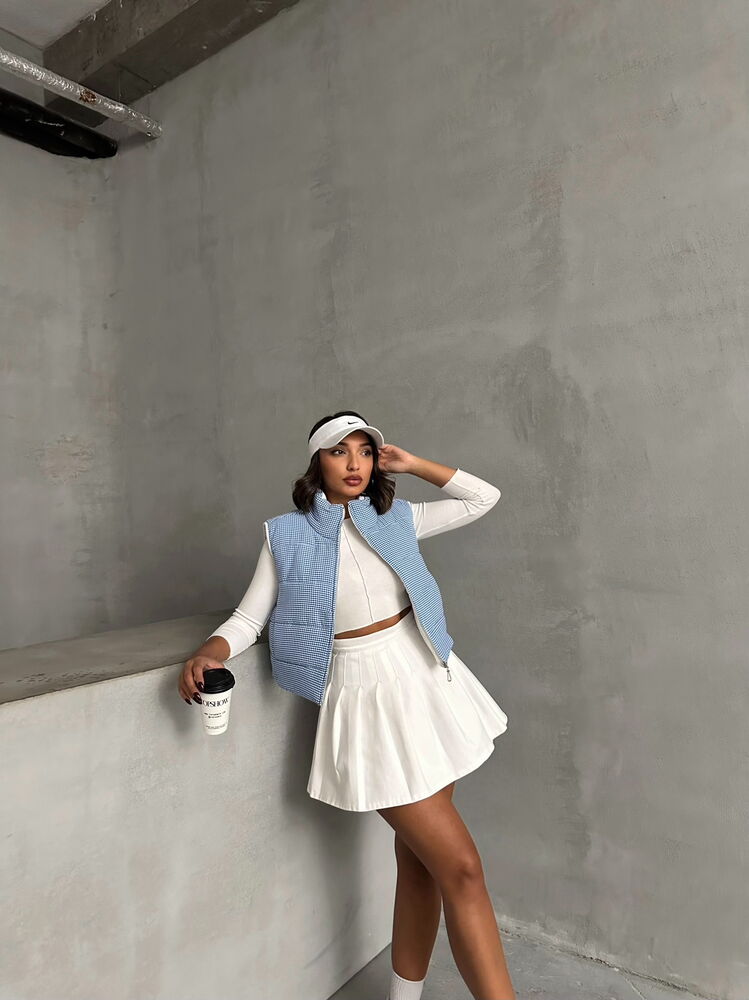Vestă gonflabilă cu model Gingham, umplută cu fibre, en-gros - Albastru marin