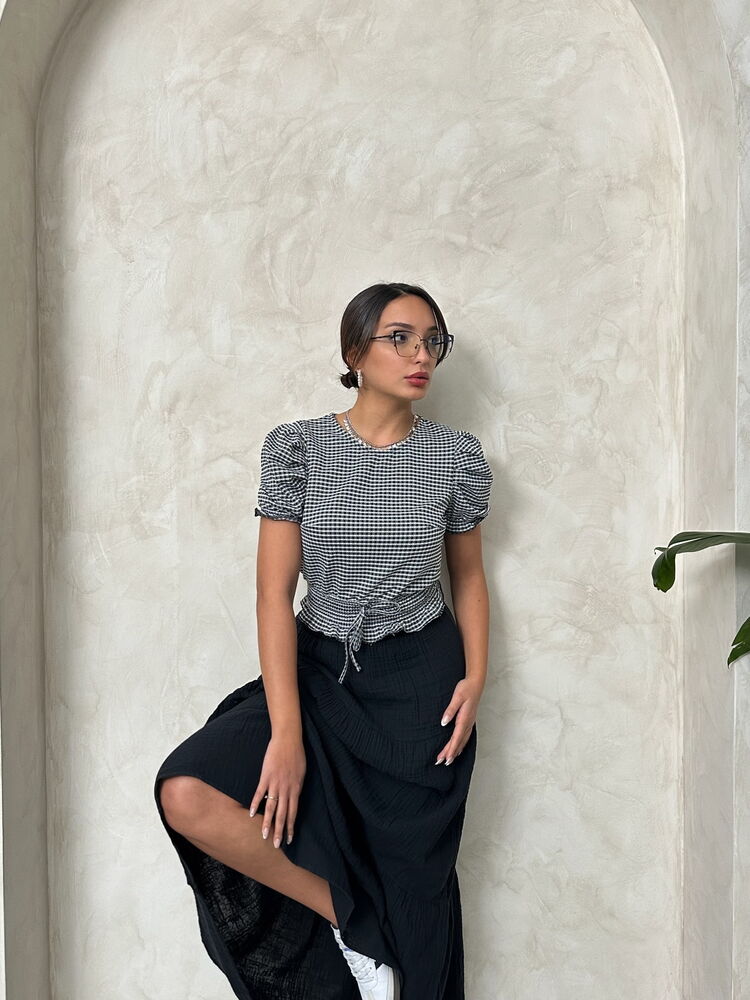 Topshow Black Shirred Waist Gingham Wholesale Blouse