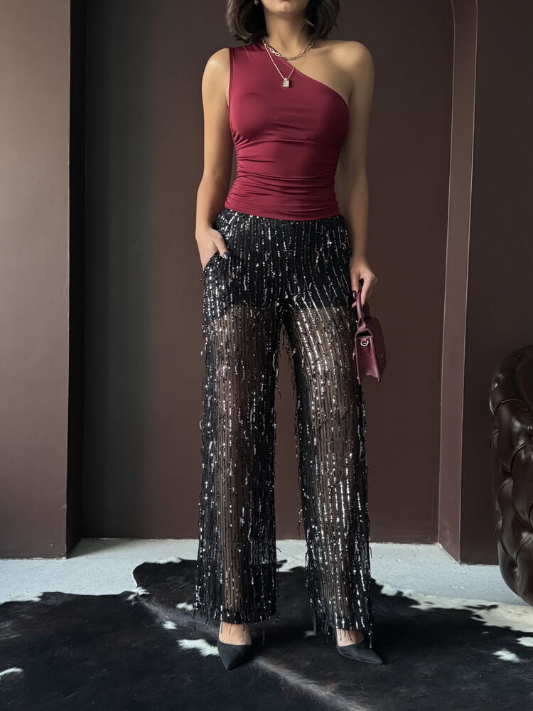 Pantaloni negri din tul cu paiete Topshow, en-gros