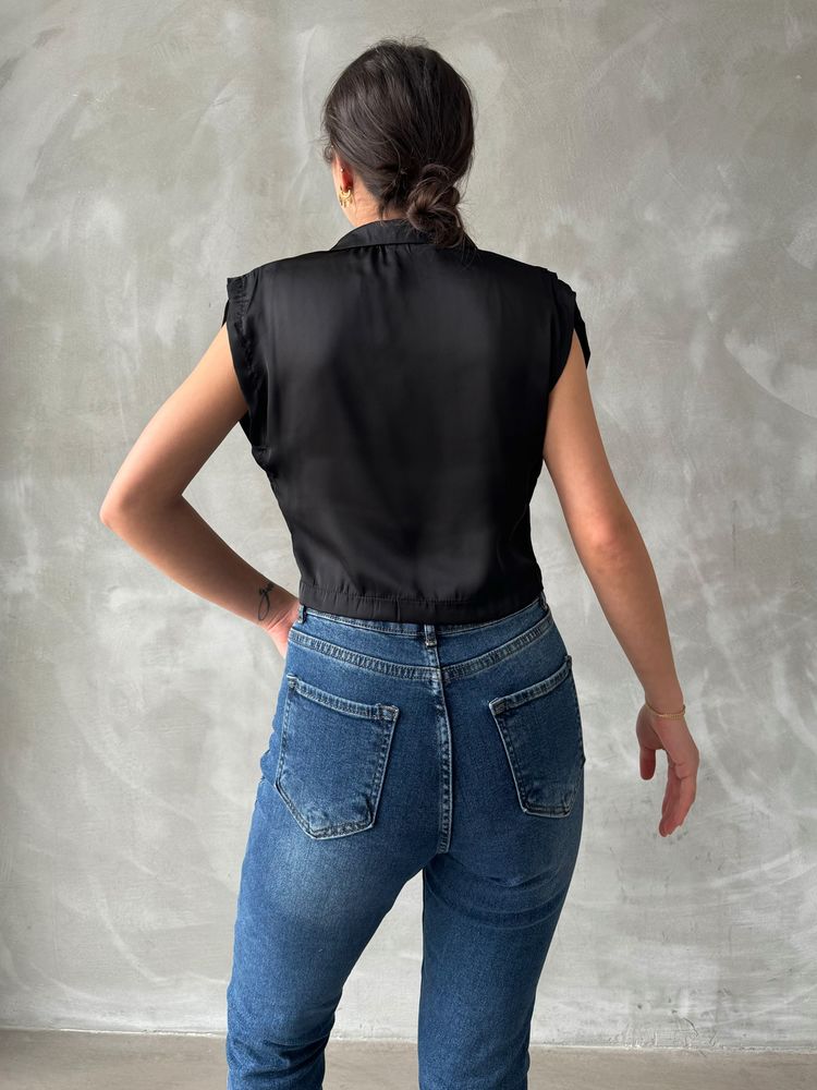 Topshow Black Sleeveless Satin Cropped Wholesale Shirt