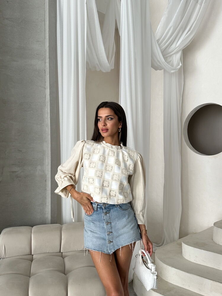 Topshow Stone Cream Lace Detailed Wholesale Blouse | F1693