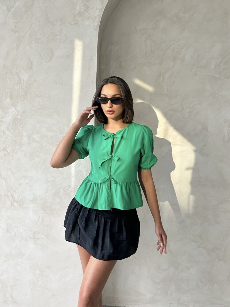 Topshow Emerald Front-Tie Poplin Wholesale Blouse
