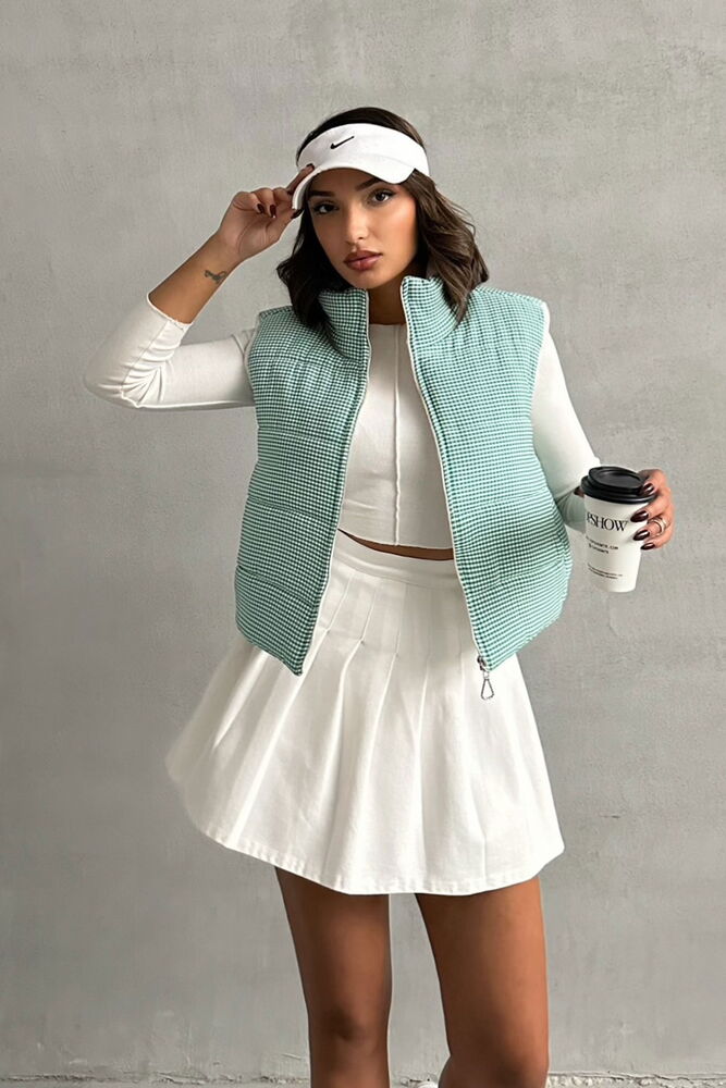 Vestă gonflabilă en-gros cu model Gingham, umplută cu fibre - Smarald