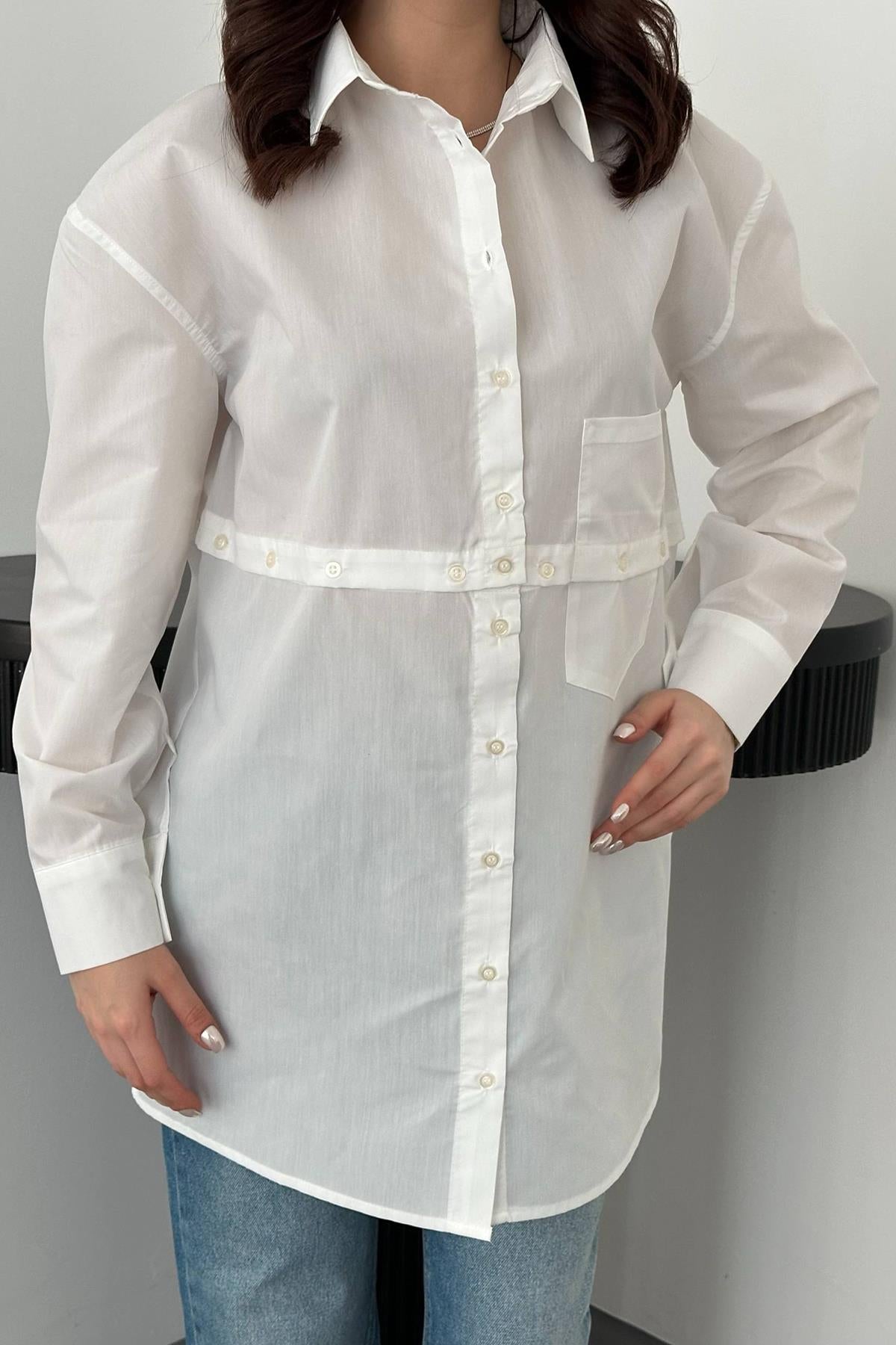 Beyaz Beli Ayrılabilen Poplin Gömlek