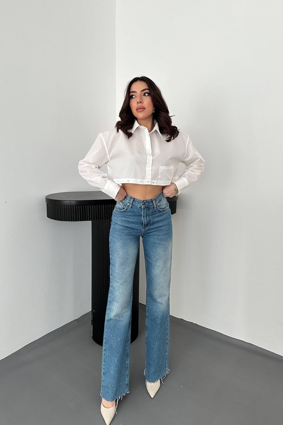 Beyaz Beli Ayrılabilen Poplin Gömlek