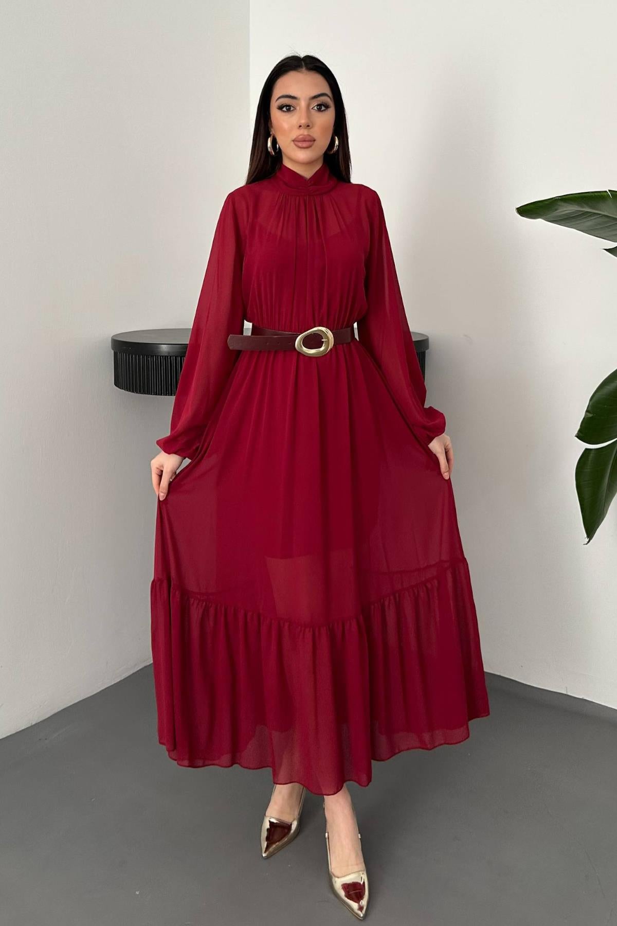 Bordo Eteği Fırfırlı Şifon Elbise