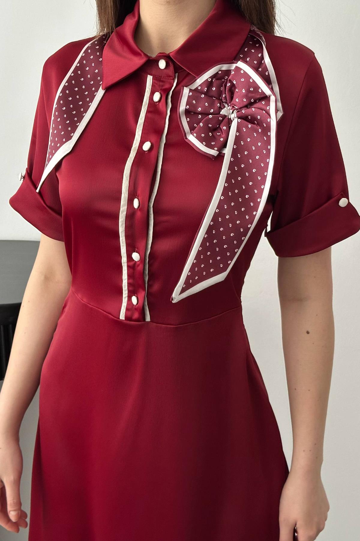 Bordo Fular Detaylı Saten Elbise