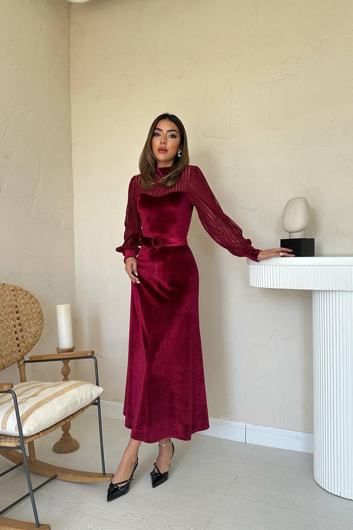 Bordo Kadife Dantel Detaylı Elbise