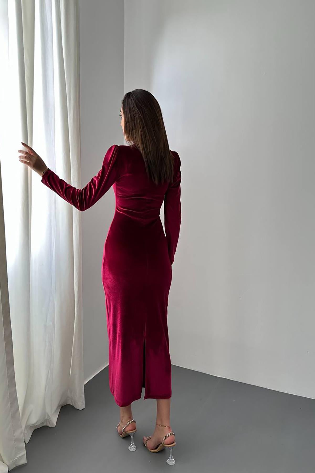 Bordo Kadife Işıltılı Elbise