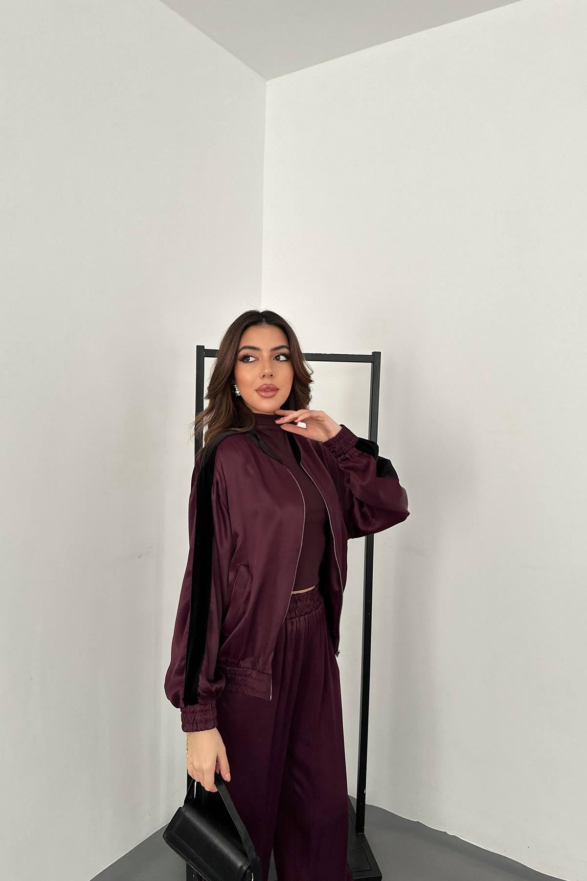 Bordo Kadife Şeritli Saten Eşofman Takımı