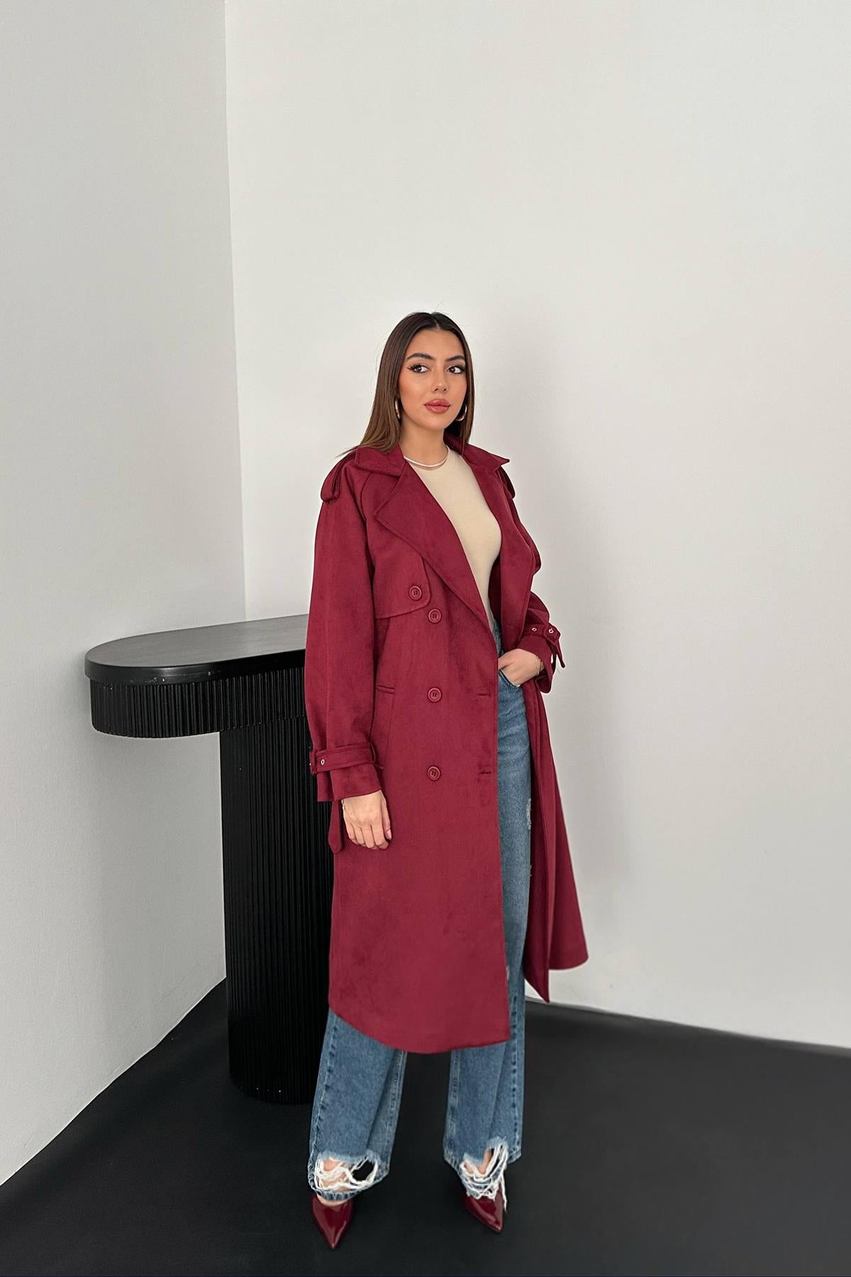 Bordo Reglan Kollu Süet Trençkot