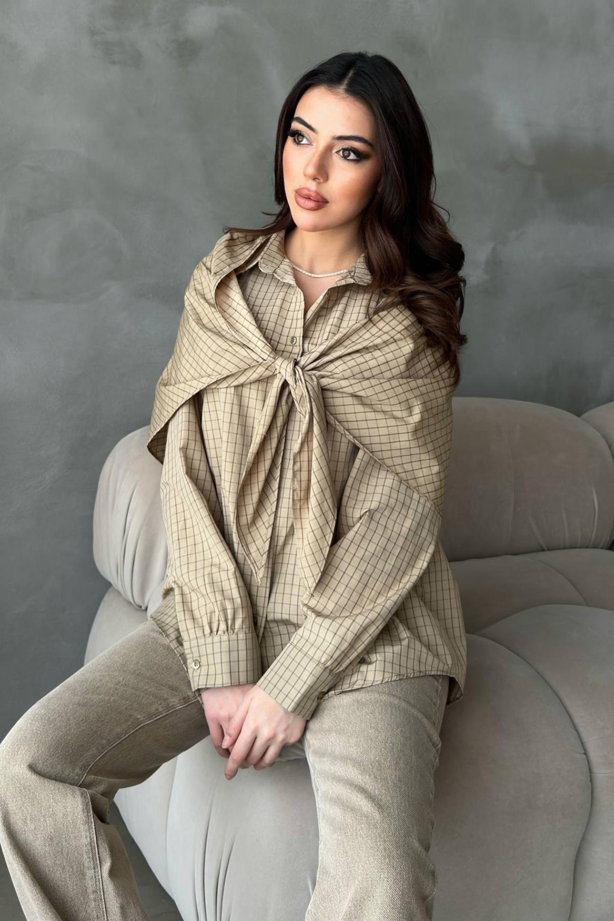 Camel Şal Detaylı Oversıze Gömlek