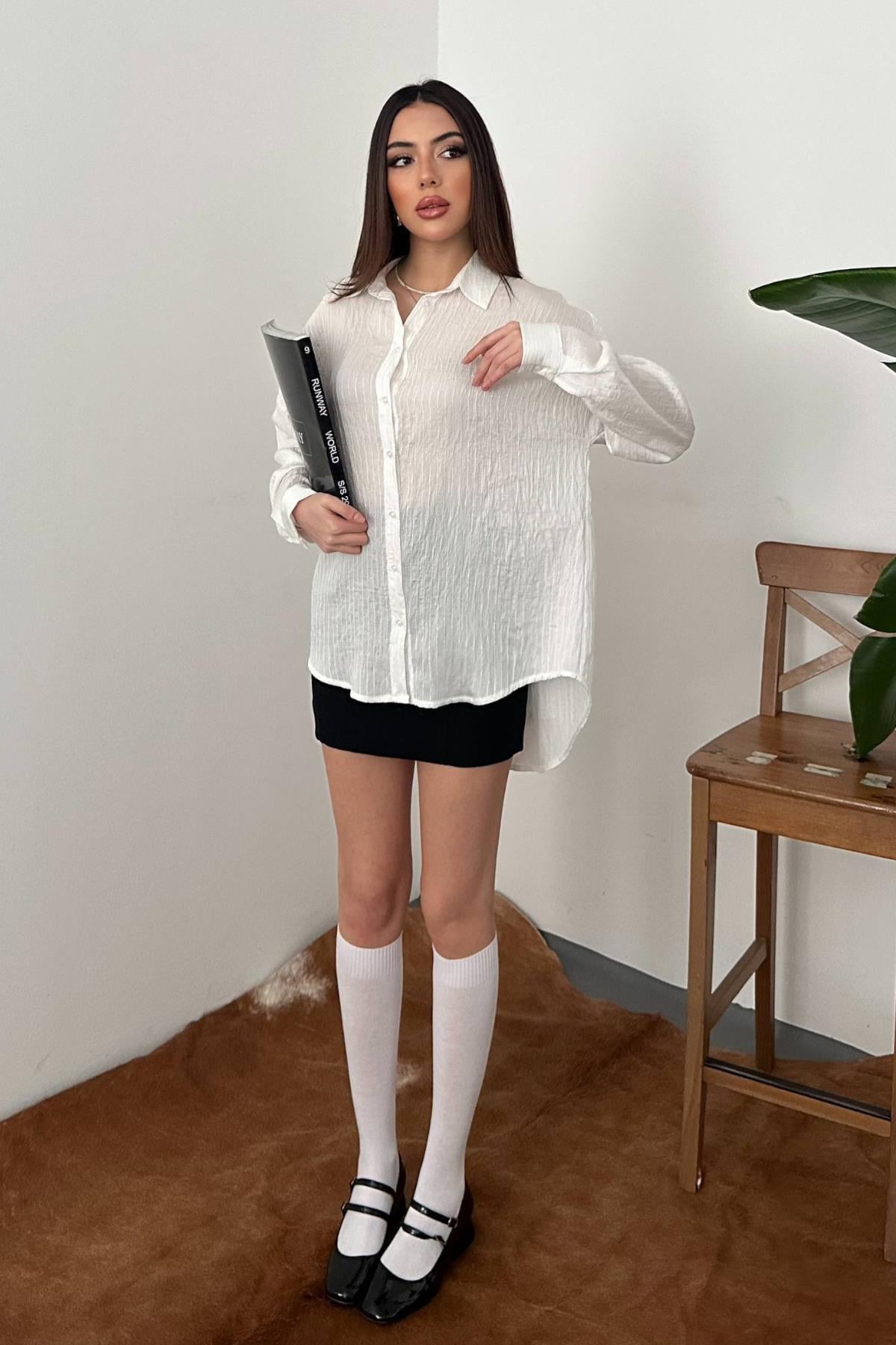 Ekru Nakışlı Oversize Gömlek