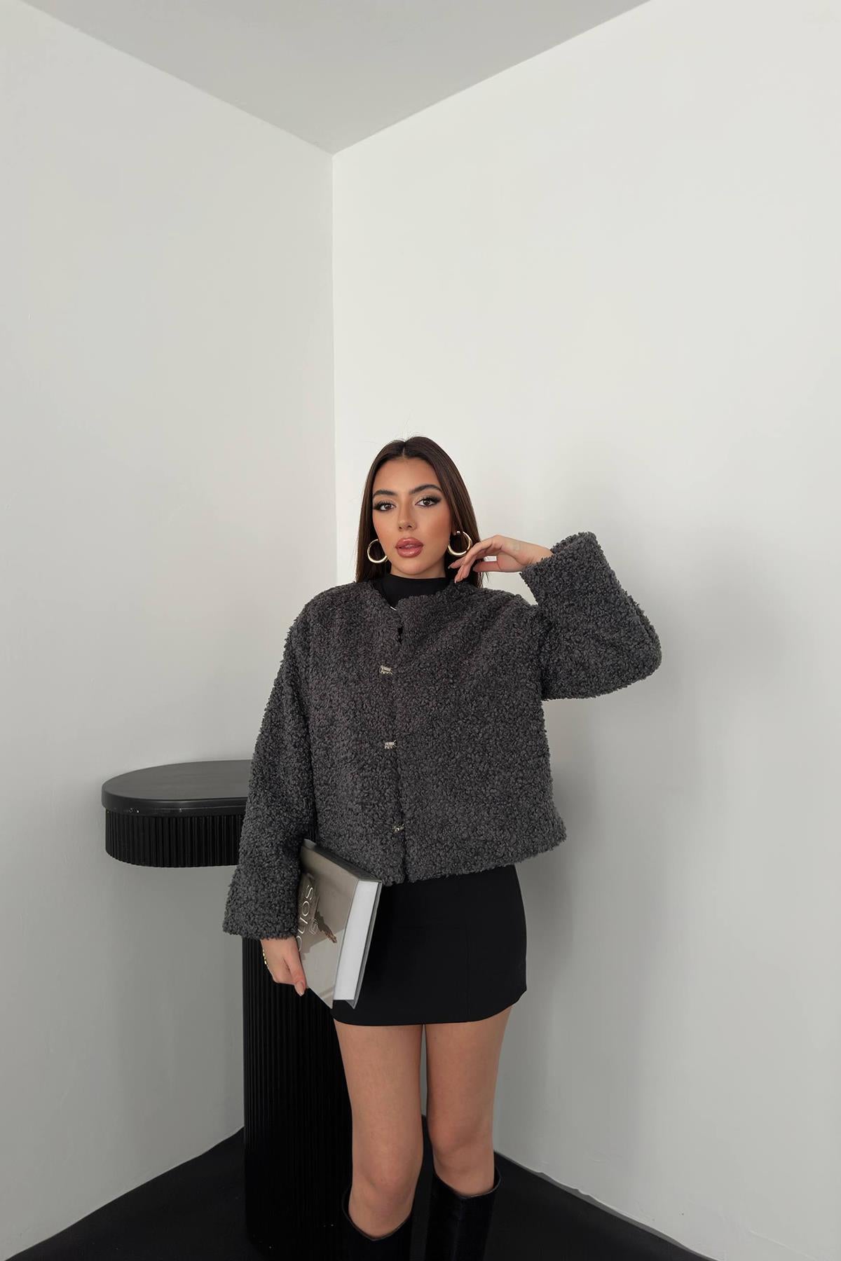Füme Peluş Kısa Ceket