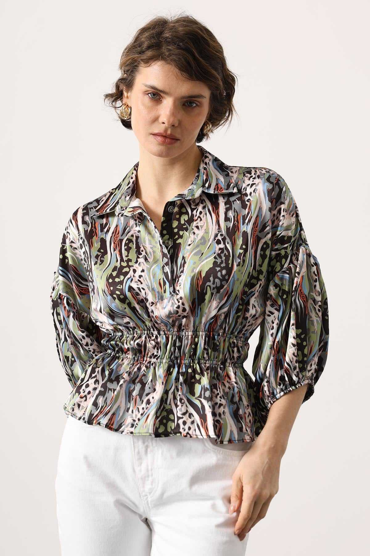 Bluza Satin cu Talie Elastica - Verde