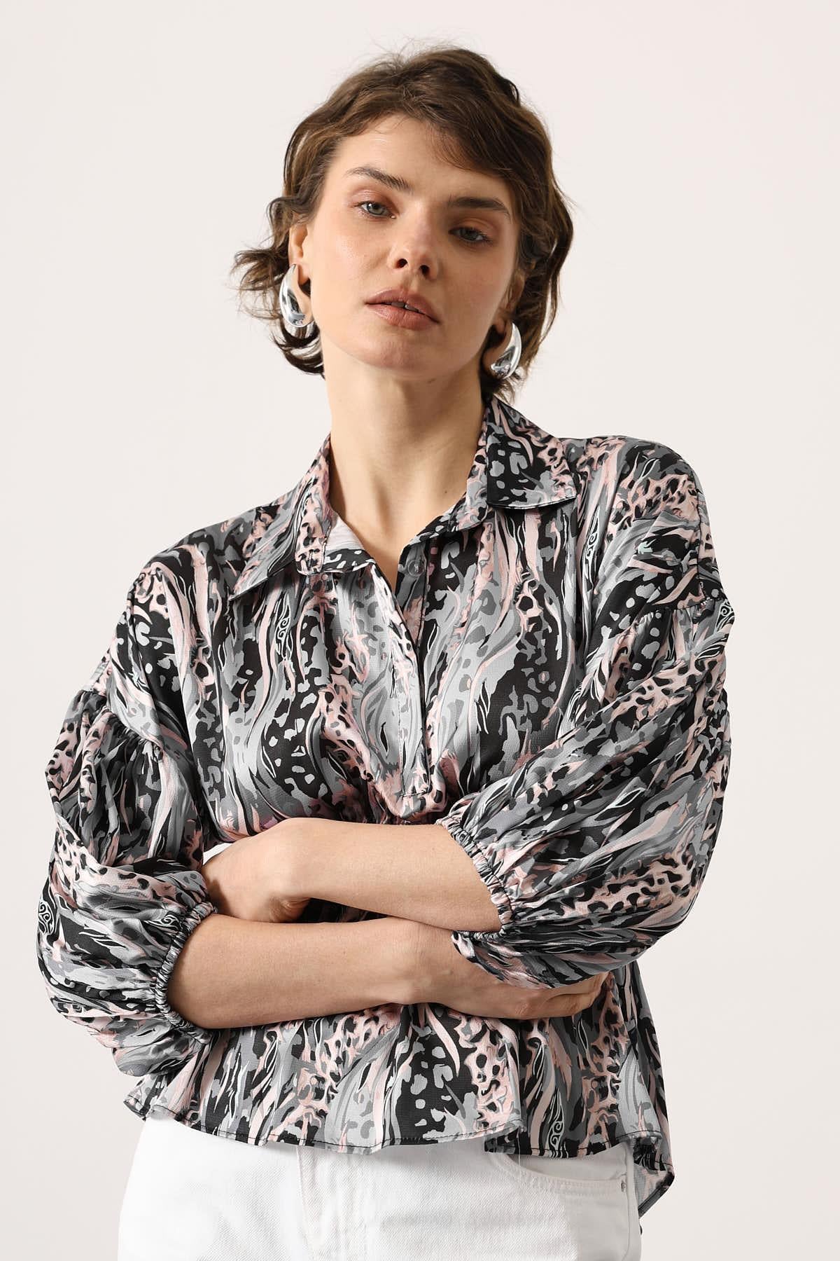 Bluza Satin cu Talie Elastica - Lila