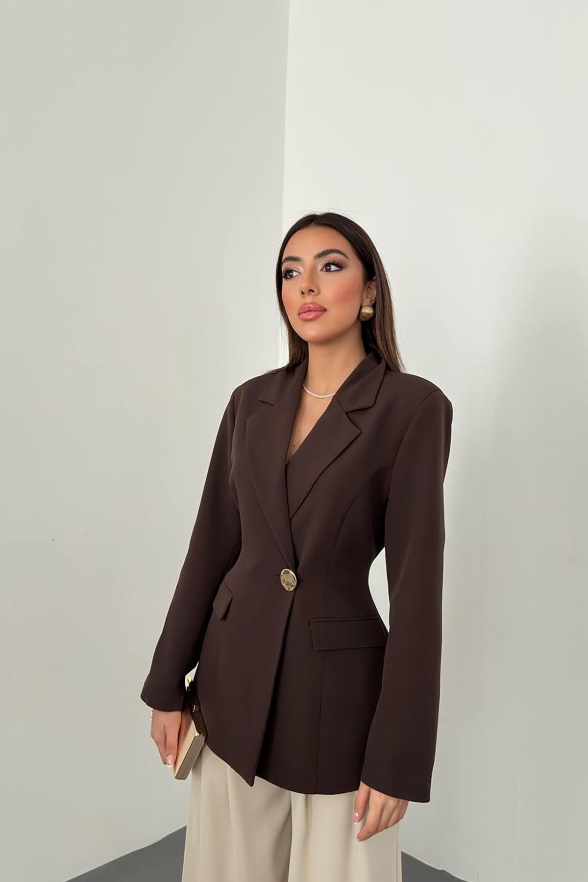 Kahverengi Belden Oturtmalı Blazer Ceket