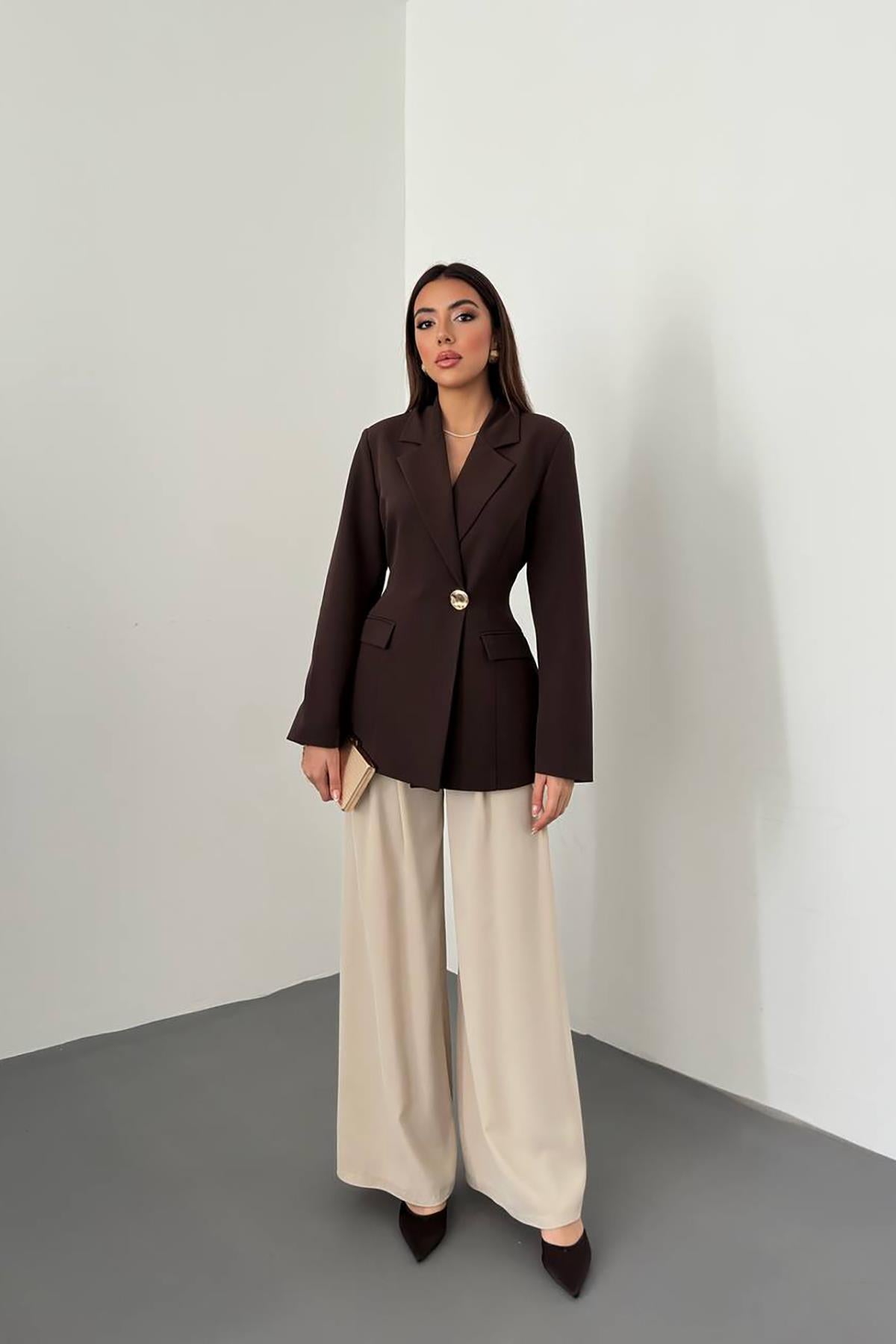 Kahverengi Belden Oturtmalı Blazer Ceket
