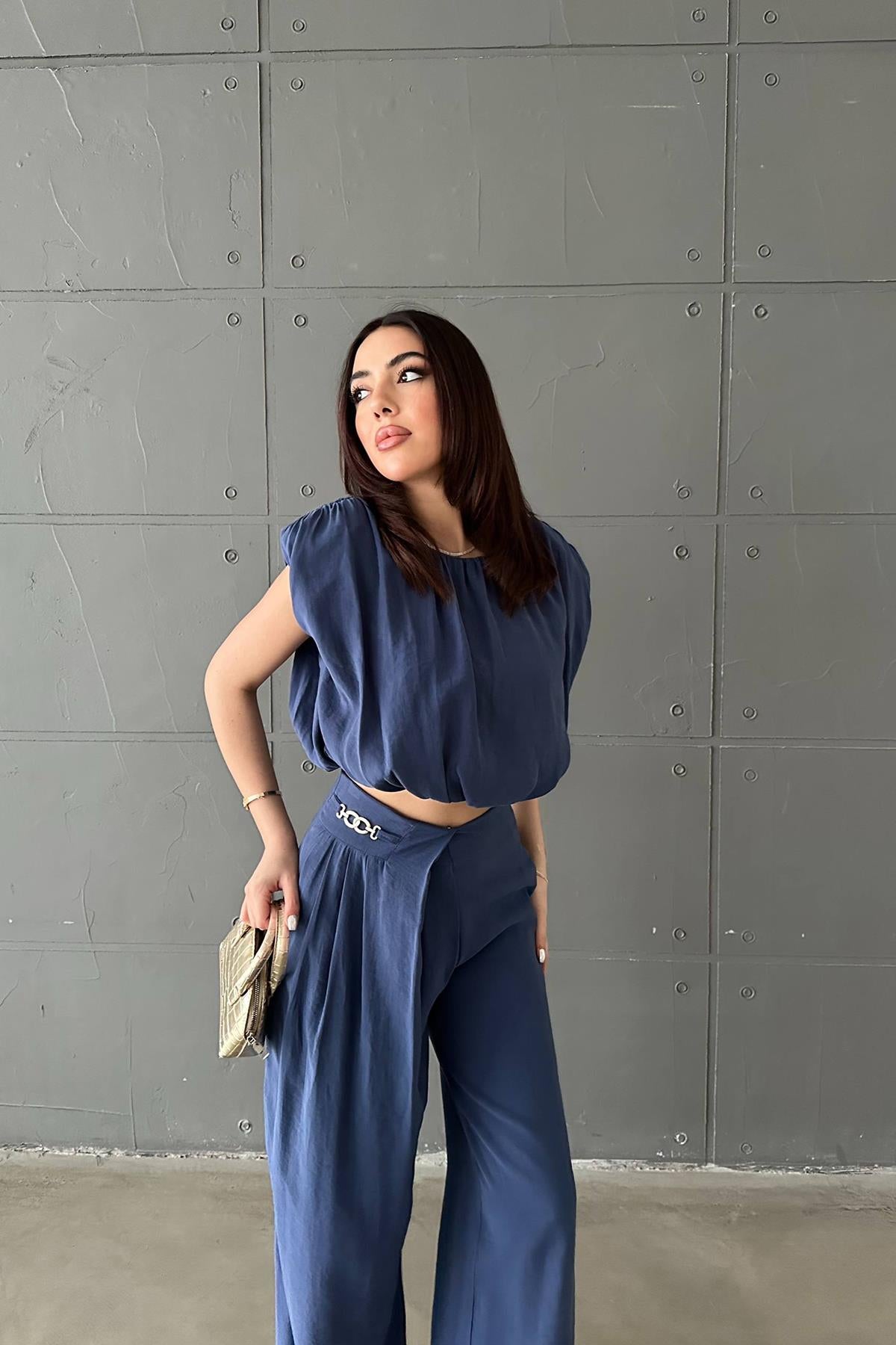 Lacivert Modal Bluz Ve Pantolon Takım