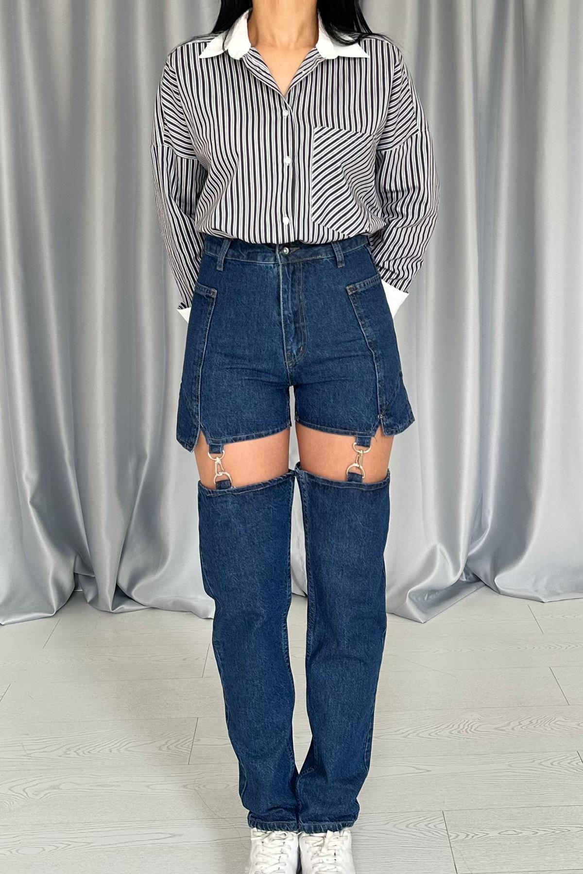 Mavi Askılı İki Parça Jeans Pantolon
