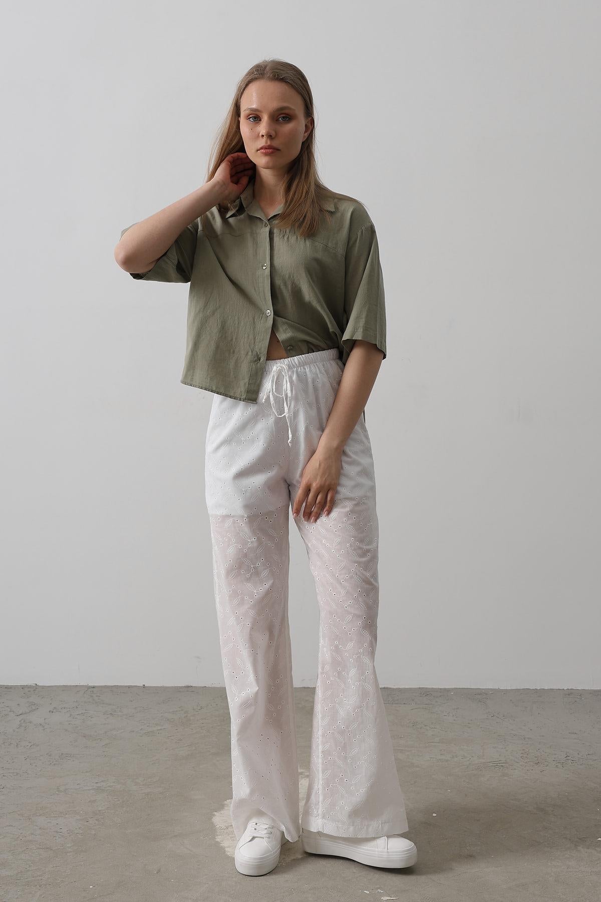 Pantaloni Broderie cu Legare Talie - Alb