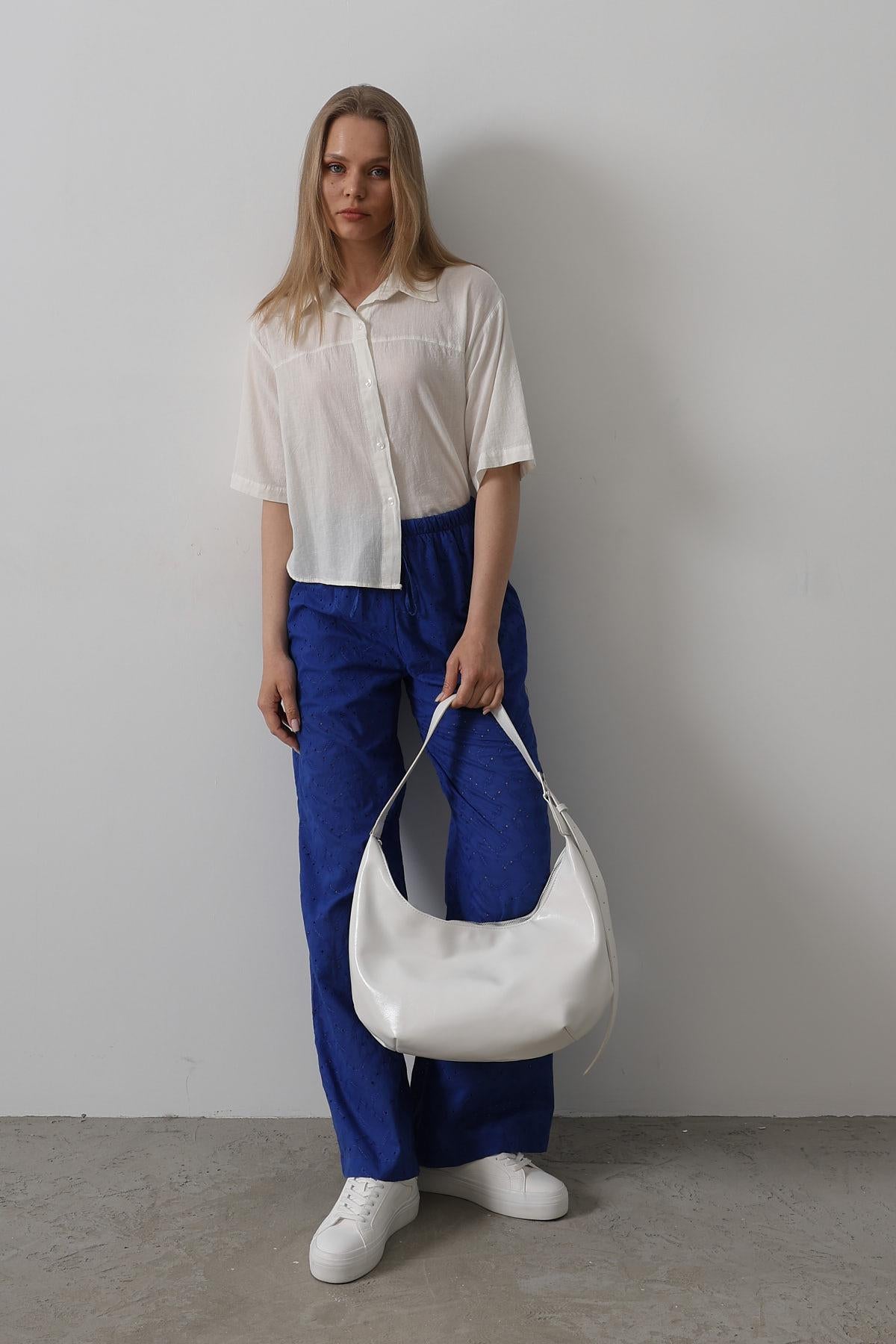 Pantaloni Broderie cu Legare Talie - Albastru Deschis