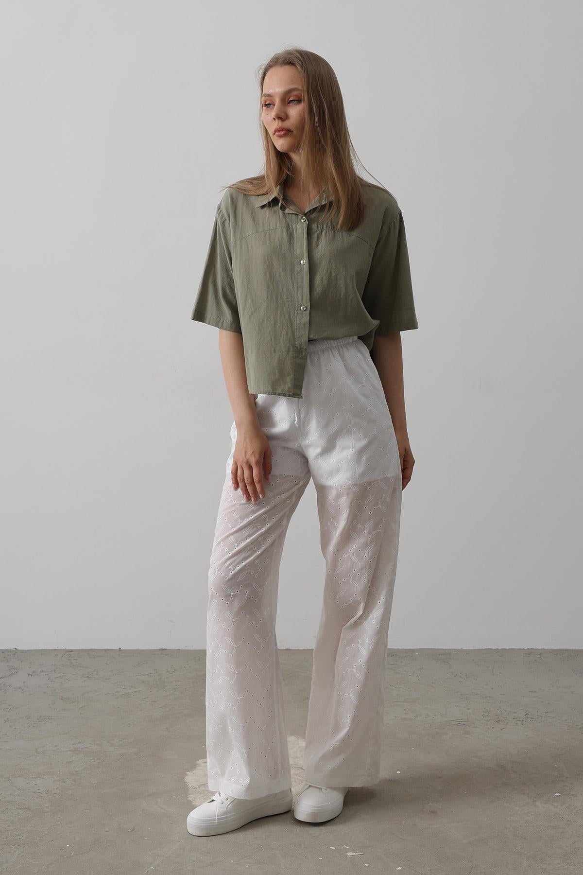 Pantaloni Broderie cu Legare Talie - Alb
