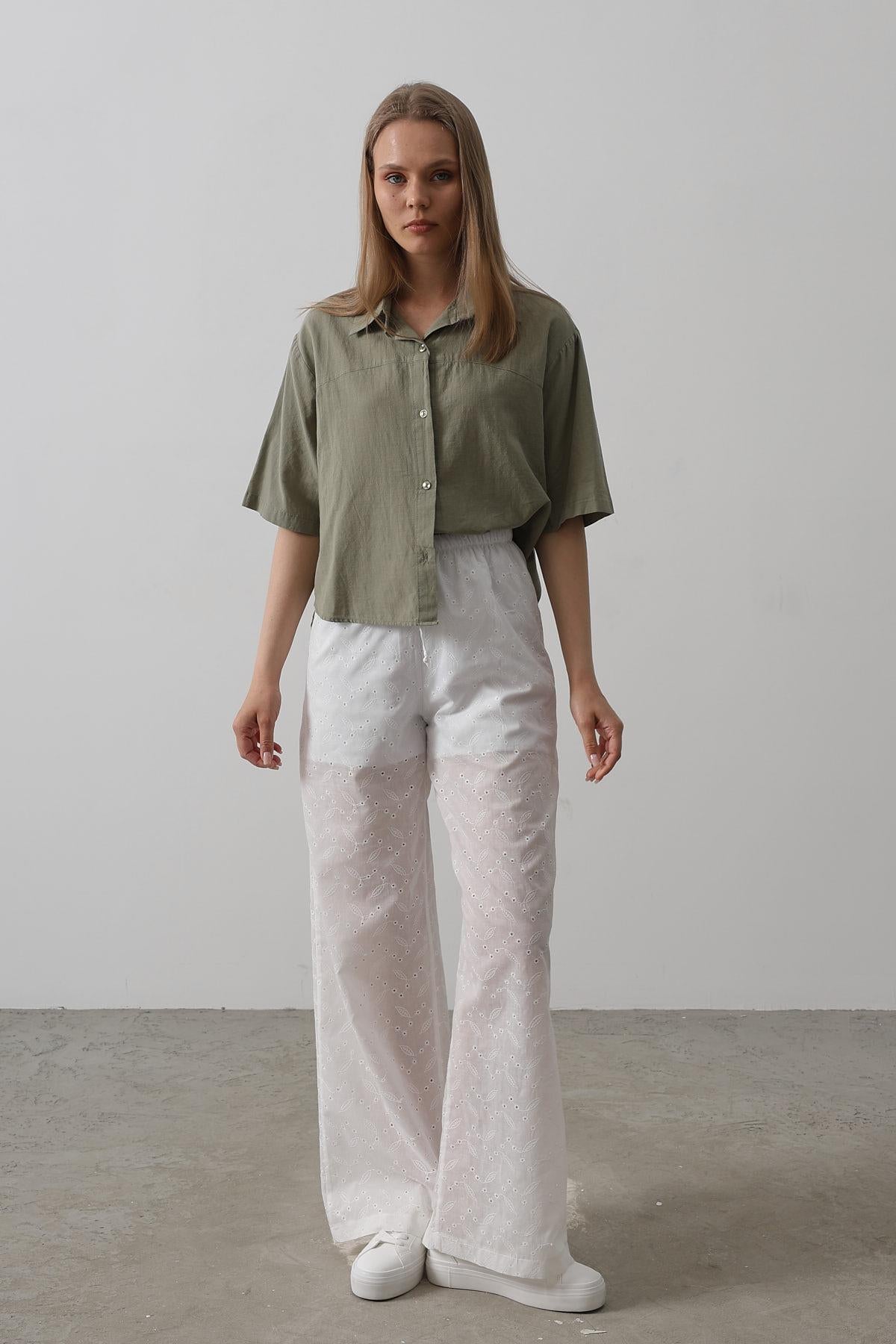 Pantaloni Broderie cu Legare Talie - Alb