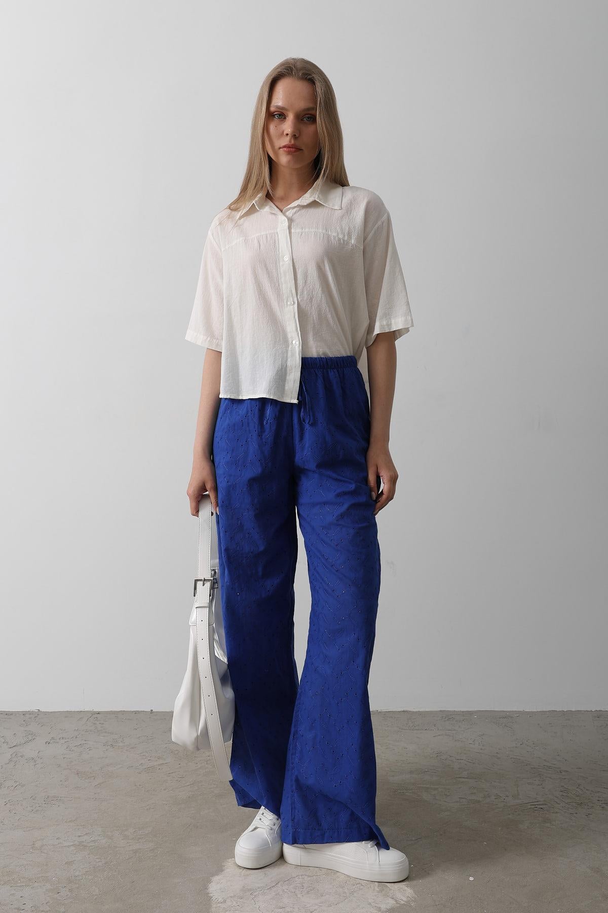 Pantaloni Broderie cu Legare Talie - Albastru Deschis