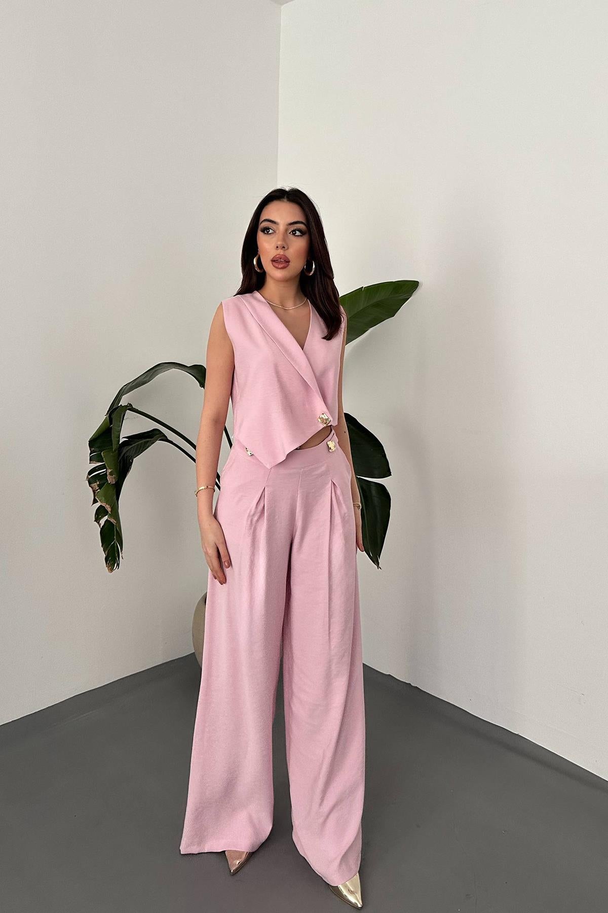 Pembe Asimetrik Yelek Ve Pantolon Takım