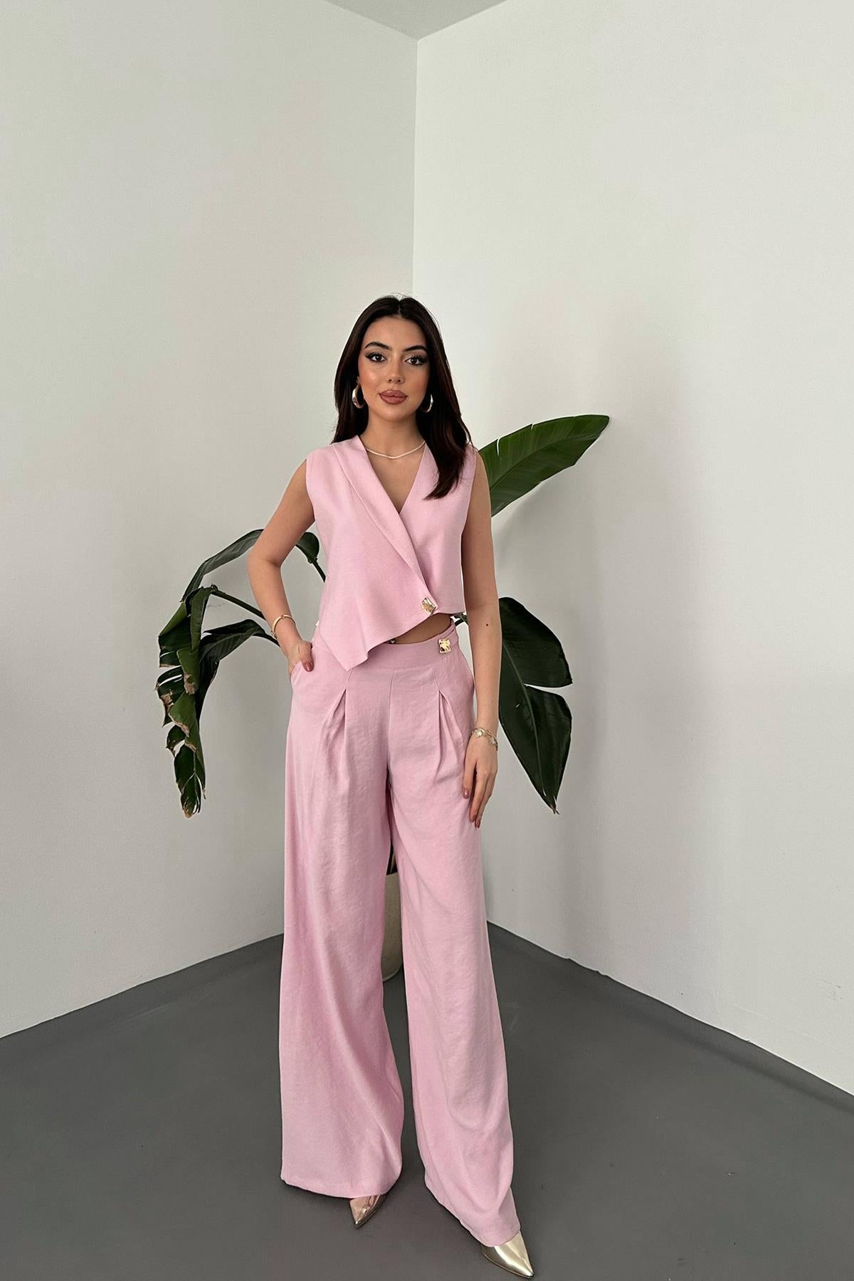 Pembe Asimetrik Yelek Ve Pantolon Takım