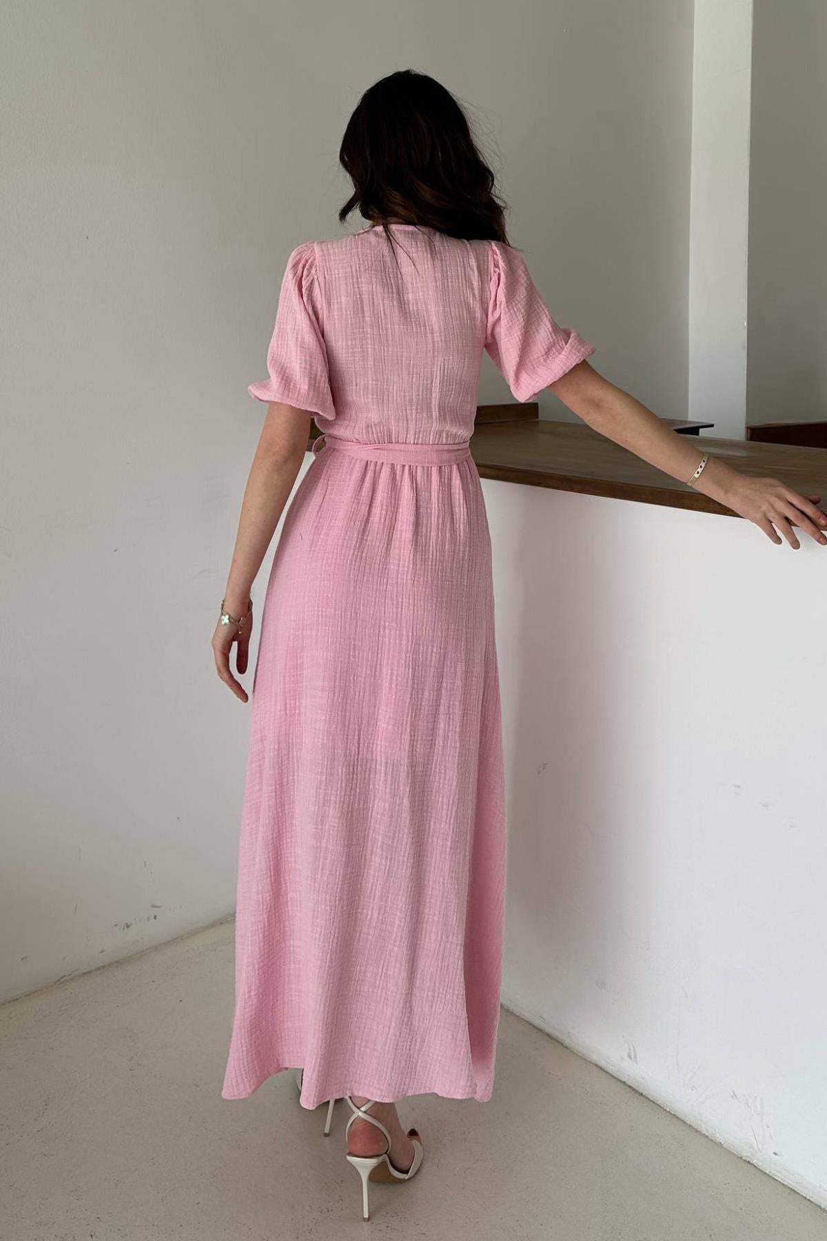 Pembe Kruvaze Yaka Müslin Keten Elbise