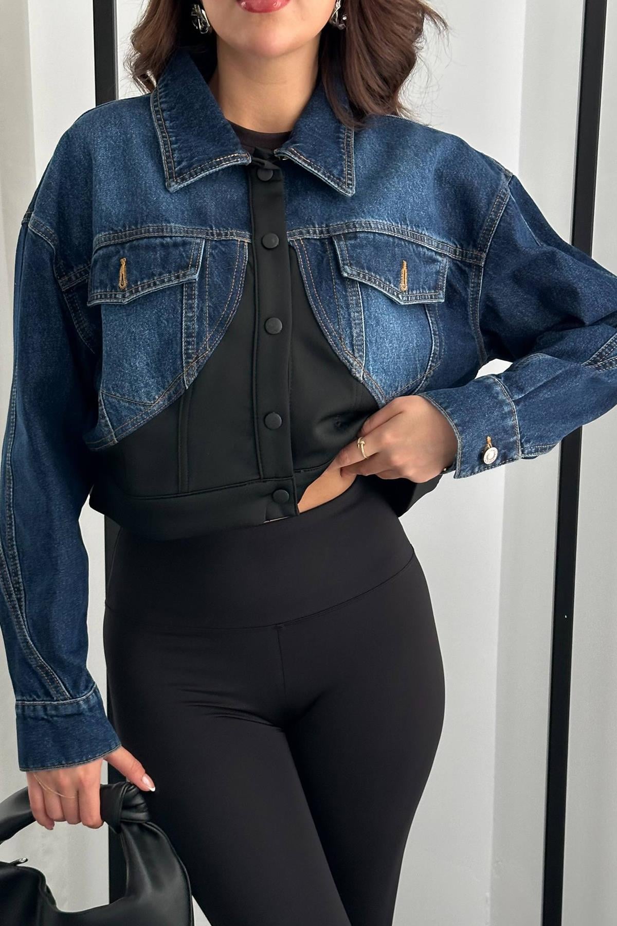 Siyah Denim Scuba Garnili Ceket