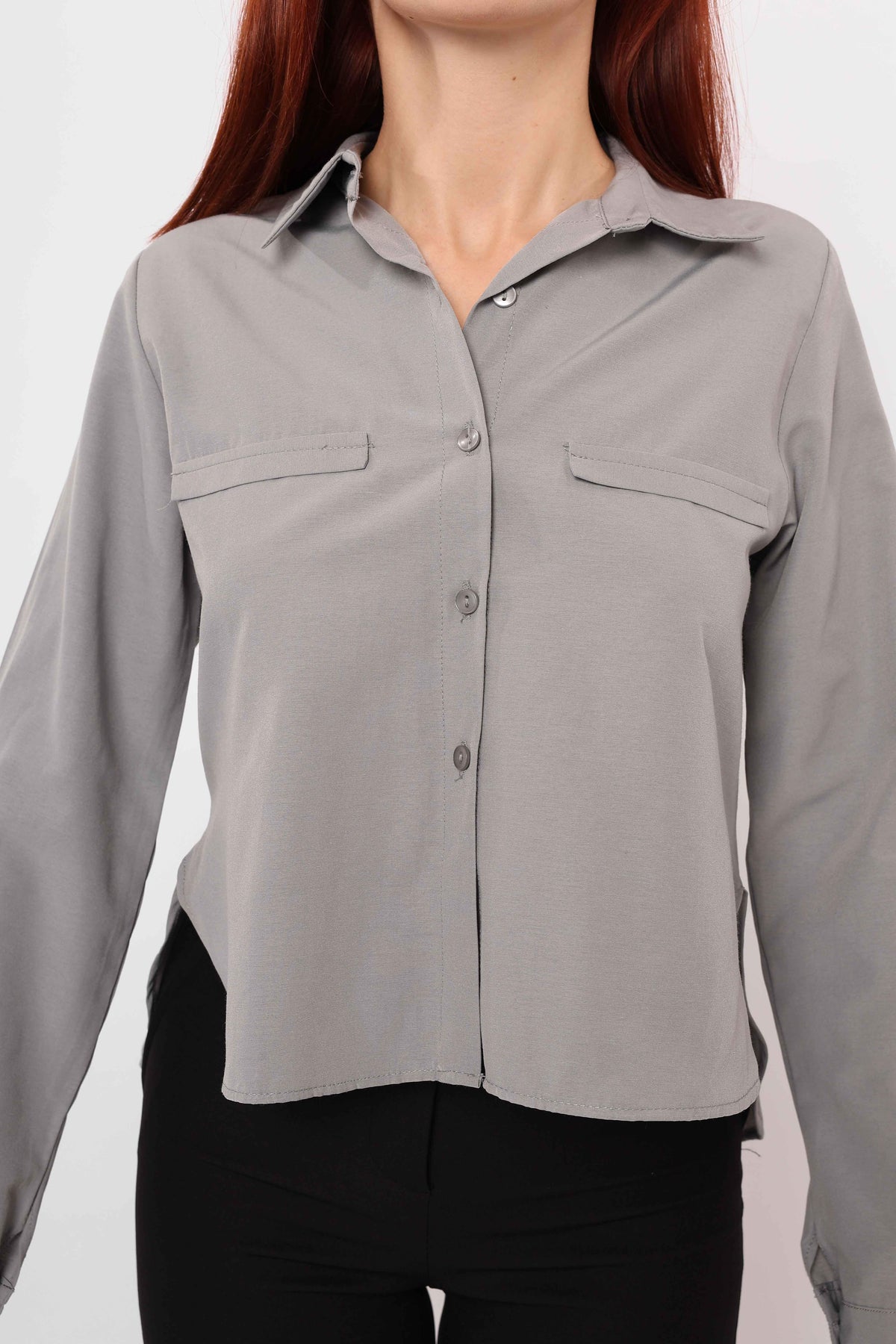 Bluza Maneci Lungi cu Buzunare - Gri